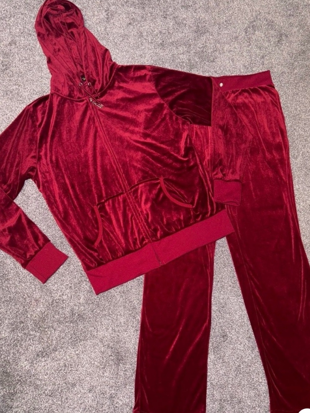 TRACKSUIT Red Velour Zip Hoodie & Drawstring Sweatpants Soft Lux Chic Streetwear - Picture 11 of 14